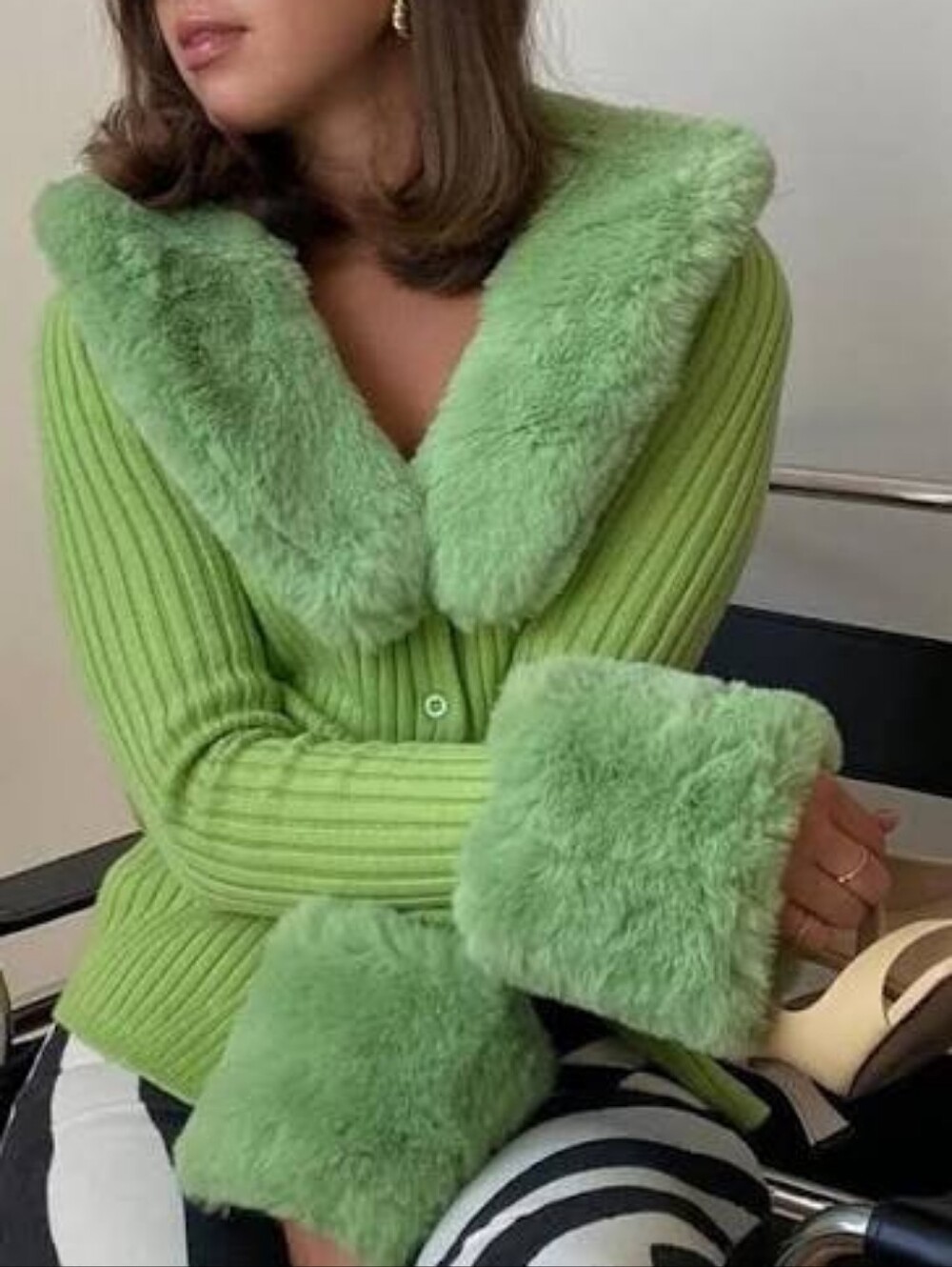 NEW House Of Sunny Peggy Cardi Cardigan Palm Green Fur Cuff Trim Collae